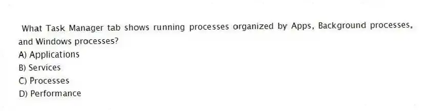 What Task Manager tab shows running processes organized by Apps, Background processes, and Windows processes?
A) Applications
B) Services
C) Processes
D) Performance