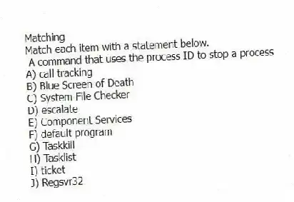 Matching
Match each item with a statement below.
- A command that uses the process ID to stop a process
A) call tracking
B) Blue Screen of Death
C) System File Checker
D) escalate
E) Component Services
F) default program
G) Taskkill
H) Tasklist
I) ticket
J) Regsvr32