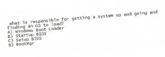 What is responsible for getting a system up and going and finding an OS to load?
A) Windows Boot Loader
B) Startup BIOS
C) Setup BIOS
D) BootMgr