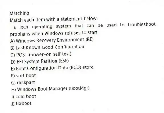 Matching
Match each item with a statement below.
- a lean operating system that can be used to troubleshoot problems when Windows refuses to start
A) Windows Recovery Environment (RE)
B) Last Known Good Configuration
C) POST (power-on self test)
D) EFI System Parition (ESP)
E) Boot Configuration Data (BCD) store
F) soft boot
G) diskpart
H) Windows Boot Manager (BootMgr)
I) cold boot
J) fixboot