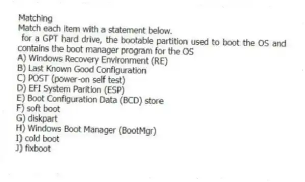 Matching
Match each item with a statement below.
- for a GPT hard drive, the bootable partition used to boot the OS and contains the boot manager program for the OS
A) Windows Recovery Environment (RE)
B) Last Known Good Configuration
C) POST (power-on self test)
D) EFI System Parition (ESP)
E) Boot Configuration Data (BCD) store
F) soft boot
G) diskpart
H) Windows Boot Manager (BootMgr)
I) cold boot
J) fixboot