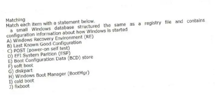 Matching
Match each item with a statement below.
- a small Windows database structured the same as a registry file and contains configuration information about how Windows is started
A) Windows Recovery Environment (RE)
B) Last Known Good Configuration
C) POST (power-on self test)
D) EFI System Parition (ESP)
E) Boot Configuration Data (BCD) store
F) soft boot
G) diskpart
H) Windows Boot Manager (BootMgr)
I) cold boot
J) fixboot