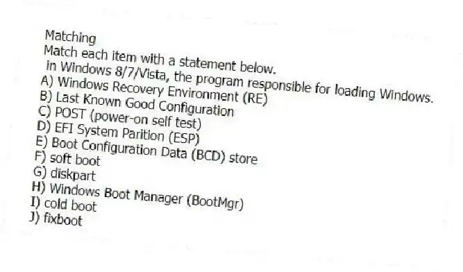 Matching
Match each item with a statement below.
- in Windows 8/7/Vista, the program responsible for loading Windows.
A) Windows Recovery Environment (RE)
B) Last Known Good Configuration
C) POST (power-on self test)
D) EFI System Parition (ESP)
E) Boot Configuration Data (BCD) store
F) soft boot
G) diskpart
H) Windows Boot Manager (BootMgr)
I) cold boot
J) fixboot