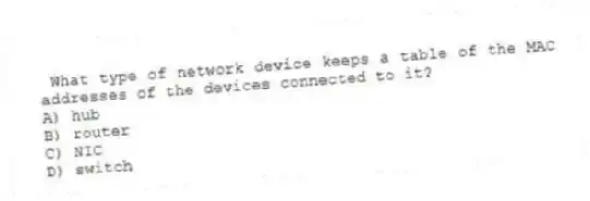 What type of network device keeps a table of the MAC addresses of the devices connected to it?
A) hub
B) router
C) NIC
D) switch