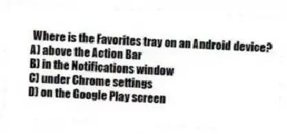 Where is the Favorites tray on an Android device?
A) above the Action Bar
B) in the Notifications window
C) under Chrome settings
D) on the Google Play screen