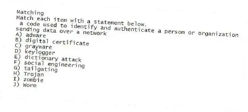 Matching
Match each item with a statement below.
- a code used to identify and authenticate a person or organization sending data over a network
A) adware
B) digital certificate
C) grayware
D) keylogger
E) dictionary attack
F) social engineering
G) tailgating
H) Trojan
I) zombie
J) Worm