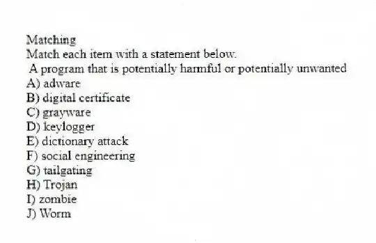 Matching
Match each item with a statement below.
- A program that is potentially harmful or potentially unwanted
A) adware
B) digital certificate
C) grayware
D) keylogger
E) dictionary attack
F) social engineering
G) tailgating
H) Trojan
I) zombie
J) Worm
