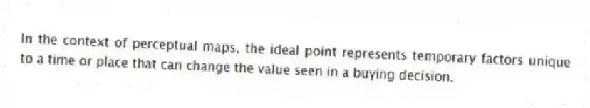 In the context of perceptual maps, the ideal point represents temporary factors unique to a time or place that can change the value seen in a buying decision.