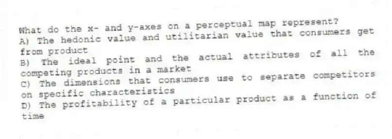 What do the x- and y-axes on a perceptual map represent?
A) The hedonic value and utilitarian value that consumers get from product
B) The ideal point and the actual attributes of all the competing products in a market
C) The dimensions that consumers use to separate competitors on specific characteristics
D) The profitability of a particular product as a function of time