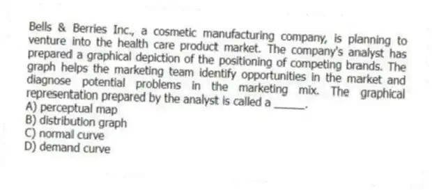 Bells & Berries Inc., a cosmetic manufacturing company, is planning to venture into the health care product market. The company's analyst has prepared a graphical depiction of the positioning of competing brands. The graph helps the marketing team identify opportunities in the market and diagnose potential problems in the marketing mix. The graphical representation prepared by the analyst is called a _____.
A) perceptual map
B) distribution graph
C) normal curve
D) demand curve