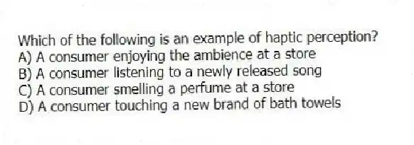 Which of the following is an example of haptic perception?
A) A consumer enjoying the ambience at a store
B) A consumer listening to a newly released song
C) A consumer smelling a perfume at a store
D) A consumer touching a new brand of bath towels