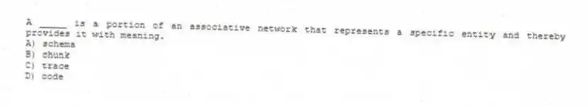 A _____ is a portion of an associative network that represents a specific entity and thereby provides it with meaning.
A) schema
B) chunk
C) trace
D) code