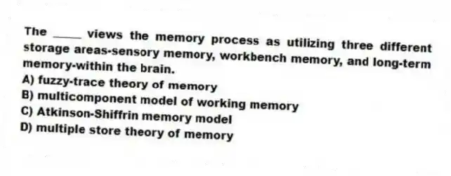 The _____ views the memory process as utilizing three different storage areas-sensory memory, workbench memory, and long-term memory-within the brain.
A) fuzzy-trace theory of memory
B) multicomponent model of working memory
C) Atkinson-Shiffrin memory model
D) multiple store theory of memory