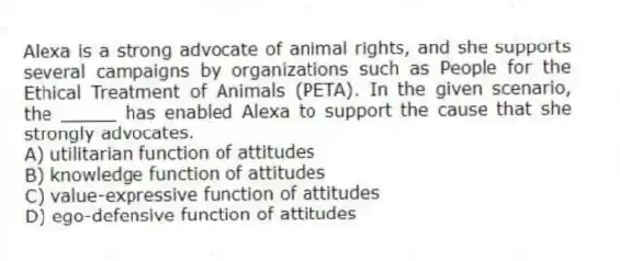 Alexa is a strong advocate of animal rights, and she supports several campaigns by organizations such as People for the Ethical Treatment of Animals (PETA). In the given scenario, the _____ has enabled Alexa to support the cause that she strongly advocates.
A) utilitarian function of attitudes
B) knowledge function of attitudes
C) value-expressive function of attitudes
D) ego-defensive function of attitudes