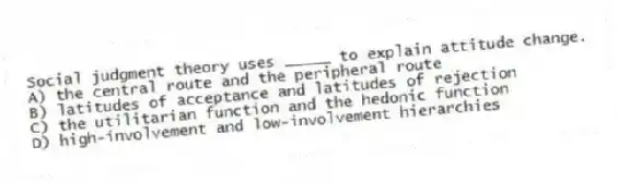 Social judgment theory uses _____ to explain attitude change.
A) the central route and the peripheral route
B) latitudes of acceptance and latitudes of rejection
C) the utilitarian function and the hedonic function
D) high-involvement and low-involvement hierarchies