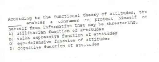 According to the functional theory of attitudes, the _____ enables a consumer to protect himself or herself from information that may be threatening.
A) utilitarian function of attitudes
B) value-expressive function of attitudes
C) ego-defensive function of attitudes
D) cognitive function of attitudes