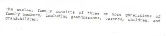 The nuclear family consists of three or more generations of family members, including grandparents, parents, children, and grandchildren.