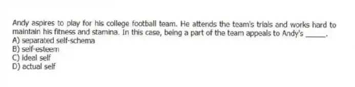 Andy aspires to play for his college football team. He attends the team's trials and works hard to maintain his fitness and stamina. In this case, being a part of the team appeals to Andy's _____.
A) separated self-schema
B) self-esteem
C) ideal self
D) actual self
