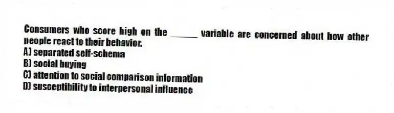 Consumers who score high on the _____ variable are concerned about how other people react to their behavior.
A) separated self-schema
B) social buying
C) attention to social comparison information
D) susceptibility to interpersonal influence