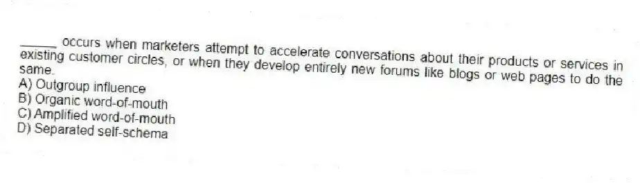 _____ occurs when marketers attempt to accelerate conversations about their products or services in existing customer circles, or when they develop entirely new forums like blogs or web pages to do the same.
A) Outgroup influence
B) Organic word-of-mouth
C) Amplified word-of-mouth
D) Separated self-schema