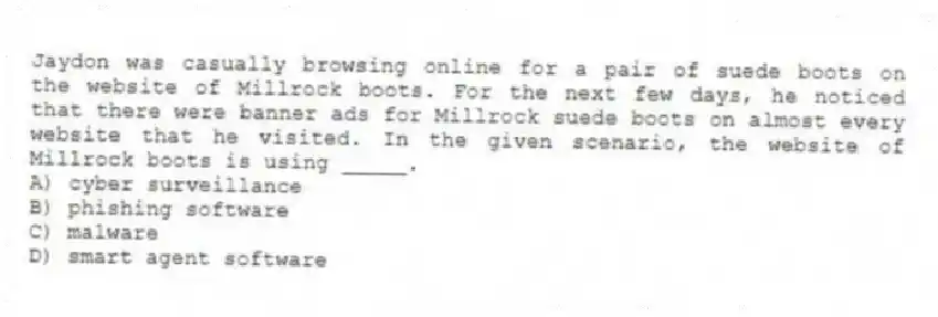 Jaydon was casually browsing online for a pair of suede boots on the website of Millrock boots. For the next few days, he noticed that there were banner ads for Millrock suede boots on almost every website that he visited. In the given scenario, the website of Millrock boots is using _____.
A) cyber surveillance
B) phishing software
C) malware
D) smart agent software