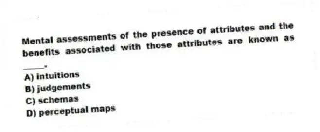 Mental assessments of the presence of attributes and the benefits associated with those attributes are known as _____.
A) intuitions
B) judgements
C) schemas
D) perceptual maps