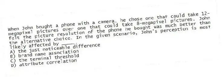 When John bought a phone with a camera, he chose one that could take 12-megapixel pictures over one that could take 8-megapixel pictures. John felt the picture resolution of the phone he bought was much better than the alternative choice. In the given scenario, John's perception is most likely affected by _____.
A) the just noticeable difference
B) brand name association
C) the terminal threshold
D) attribute correlation