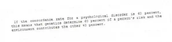 If the concordance rate for a psychological disorder is 60 percent, this means that genetics determine 60 percent of a person's risk and the environment contributes the other 40 percent.