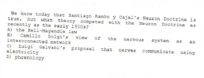 We know today that Santiago Ramón y Cajal's Neuron Doctrine is true, but what theory competed with the Neuron Doctrine as recently as the early 1900s?
A) the Bell-Magendie law
B) Camillo Golgi's view of the nervous system as an interconnected network
C) Luigi Galvani's proposal that nerves communicate using electricity
D) phrenology