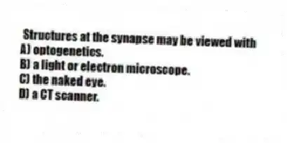 Structures at the synapse may be viewed with
A) optogenetics.
B) a light or electron microscope.
C) the naked eye.
D) a CT scanner.