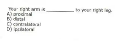 Your right arm is __________ to your right leg.
A) proximal
B) distal
C) contralateral
D) ipsilateral