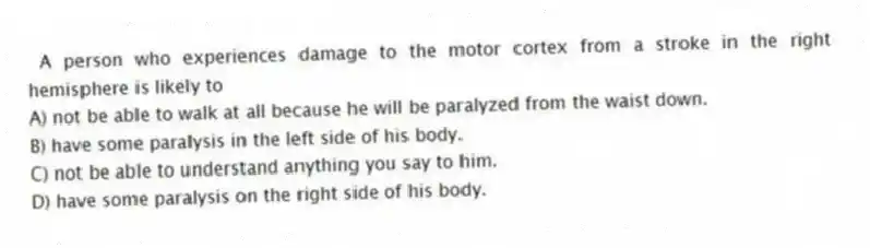 A person who experiences damage to the motor cortex from a stroke in the right hemisphere is likely to
A) not be able to walk at all because he will be paralyzed from the waist down.
B) have some paralysis in the left side of his body.
C) not be able to understand anything you say to him.
D) have some paralysis on the right side of his body.