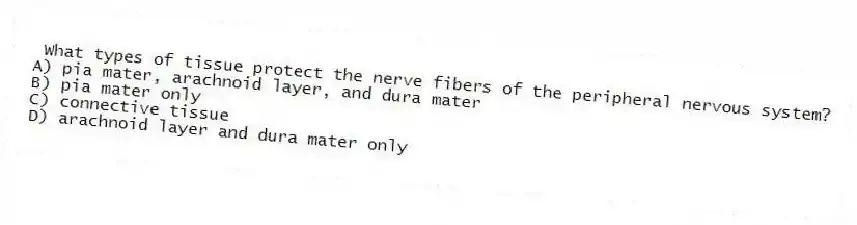 What types of tissue protect the nerve fibers of the peripheral nervous system?
A) pia mater, arachnoid layer, and dura mater
B) pia mater only
C) connective tissue
D) arachnoid layer and dura mater only