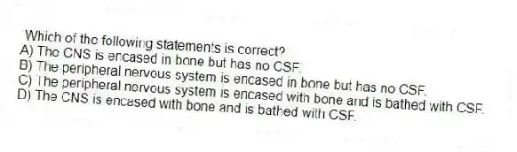  Which of the following statements is correct?
A) The CNS is encased in bone but has no CSF.
B) The peripheral nervous system is encased in bone but has no CSF.
C) The peripheral nervous system is encased with bone and is bathed with CSF.
D) The CNS is encased with bone and is bathed with CSF.