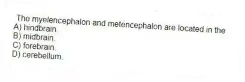 The myelencephalon and metencephalon are located in the
A) hindbrain.
B) midbrain.
C) forebrain.
D) cerebellum.