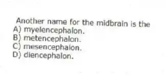 Another name for the midbrain is the
A) myelencephalon.
B) metencephalon.
C) mesencephalon.
D) diencephalon.