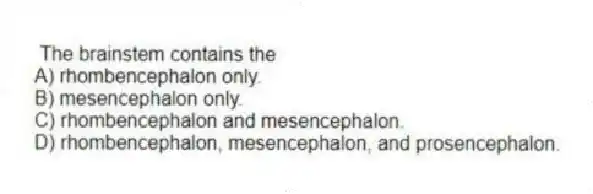The brainstem contains the
A) rhombencephalon only.
B) mesencephalon only.
C) rhombencephalon and mesencephalon.
D) rhombencephalon, mesencephalon, and prosencephalon.