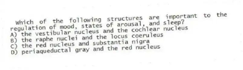 Which of the following structures are important to the regulation of mood, states of arousal, and sleep?
A) the vestibular nucleus and the cochlear nucleus
B) the raphe nuclei and the locus coeruleus
C) the red nucleus and substantia nigra
D) periaqueductal gray and the red nucleus