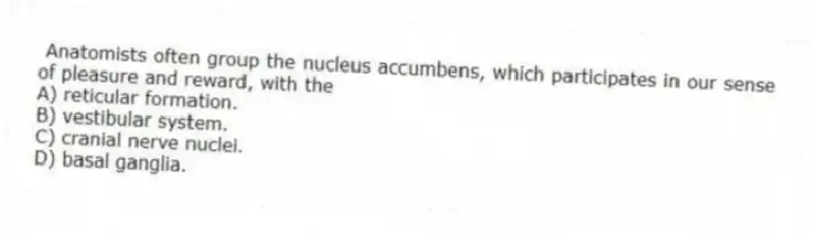 Anatomists often group the nucleus accumbens, which participates in our sense of pleasure and reward, with the
A) reticular formation.
B) vestibular system.
C) cranial nerve nuclei.
D) basal ganglia.