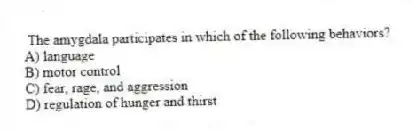 The amygdala participates in which of the following behaviors?
A) language
B) motor control
C) fear, rage, and aggression
D) regulation of hunger and thirst