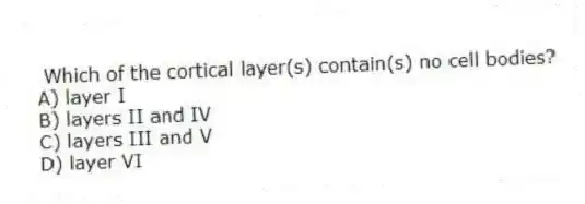 Which of the cortical layer(s) contain(s) no cell bodies?
A) layer I
B) layers II and IV
C) layers III and V
D) layer VI