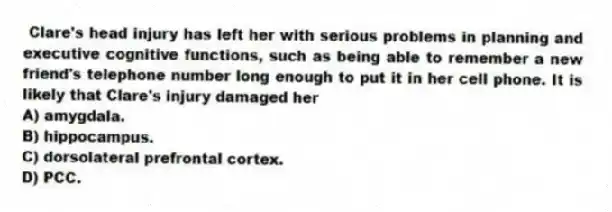 Clare's head injury has left her with serious problems in planning and executive cognitive functions, such as being able to remember a new friend's telephone number long enough to put it in her cell phone. It is likely that Clare's injury damaged her
A) amygdala.
B) hippocampus.
C) dorsolateral prefrontal cortex.
D) PCC.