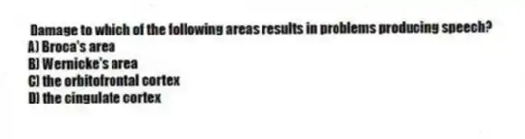 Damage to which of the following areas results in problems producing speech?
A) Broca's area
B) Wernicke's area
C) the orbitofrontal cortex
D) the cingulate cortex
