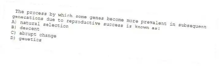 The process by which some genes become more prevalent in subsequent generations due to reproductive success is known as:
A) natural selection
B) descent
C) abrupt change
D) genetics