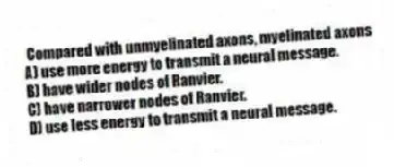  Compared with unmyelinated axons, myelinated axons
A) use more energy to transmit a neural message.
B) have wider nodes of Ranvier.
C) have narrower nodes of Ranvier.
D) use less energy to transmit a neural message.