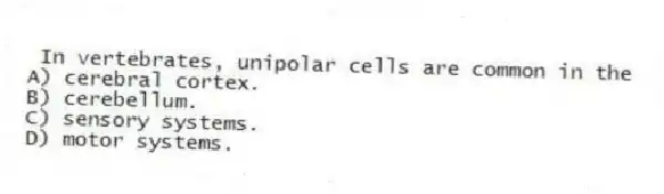 In vertebrates, unipolar cells are common in the
A) cerebral cortex.
B) cerebellum.
C) sensory systems.
D) motor systems.