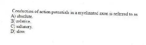 Conduction of action potentials in a myelinated axon is referred to as
A) absolute.
B) relative.
C) saltatory.
D) slow.