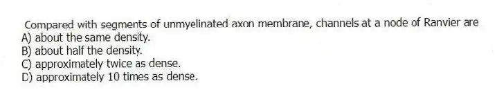 Compared with segments of unmyelinated axon membrane, channels at a node of Ranvier are
A) about the same density.
B) about half the density.
C) approximately twice as dense.
D) approximately 10 times as dense.