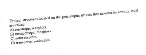 Protein structures located on the presynaptic neuron that monitor its activity level are called
A) ionotropic receptors.
B) metabotropic receptors.
C) autoreceptors.
D) transporter molecules.