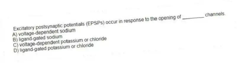 Excitatory postsynaptic potentials (EPSPs) occur in response to the opening of ________ channels.
A) voltage-dependent sodium
B) ligand-gated sodium
C) voltage-dependent potassium or chloride
D) ligand-gated potassium or chloride